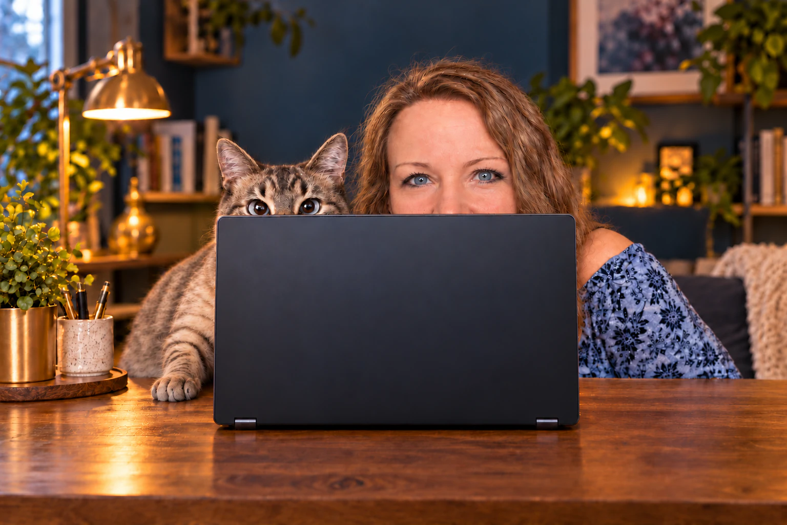 The creator of Kotka.dev and Kotka peek over the lid of a charcoal laptop at their shared desk