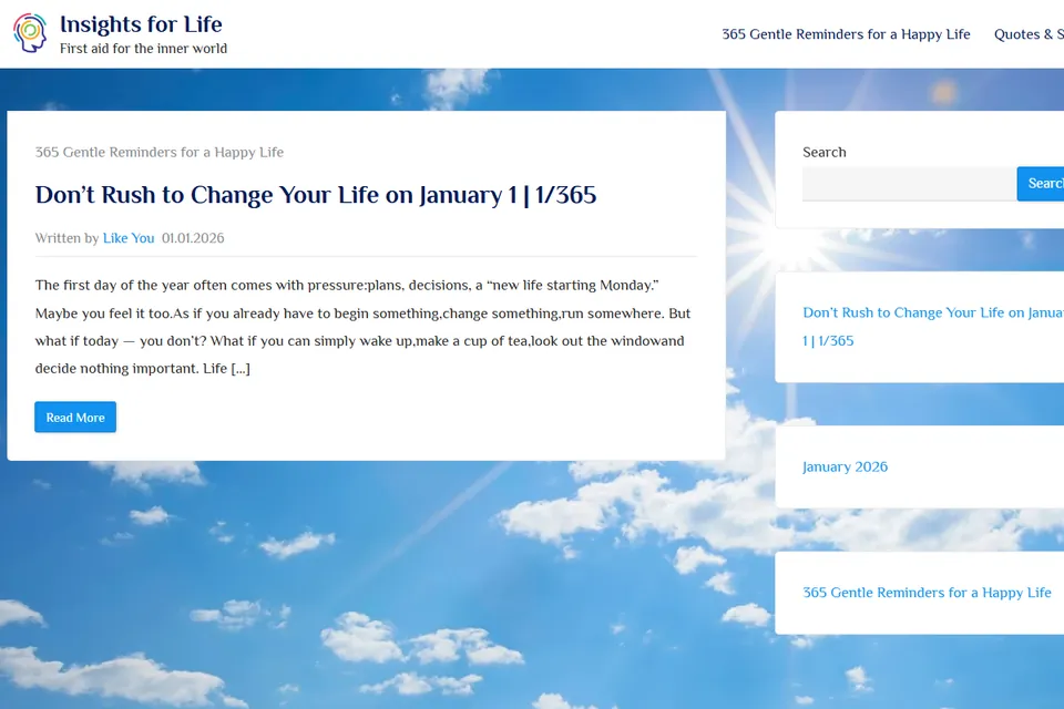 Insights for Life: posts from “365 Gentle Reminders for a Happy Life” on white cards over a sunny sky