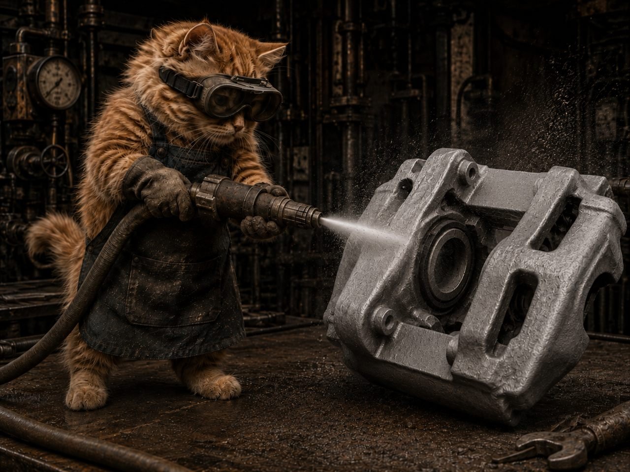 Illustration of a cat beside a cleaned metal brake caliper