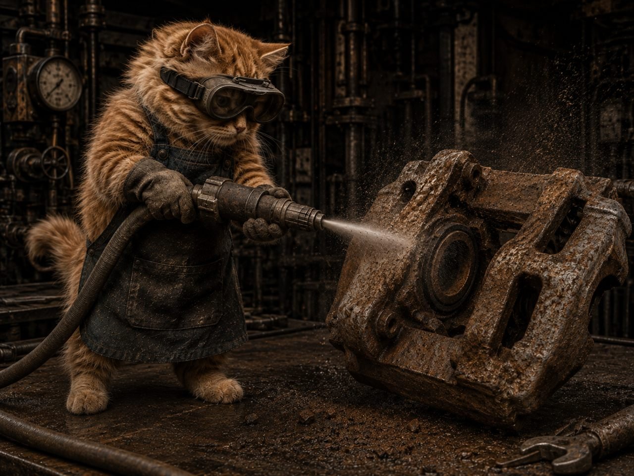 The same illustrated scene with a rusty brake caliper
