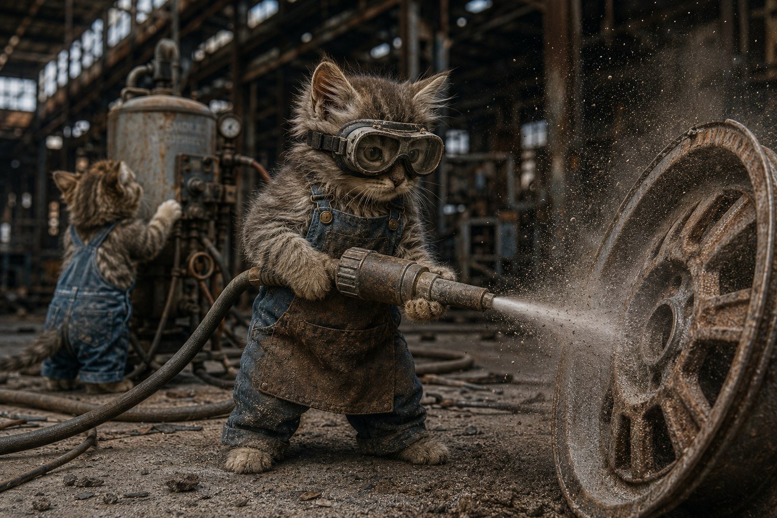 A cat sandblasting a wheel in a workshop — the illustration from the Piaskot website