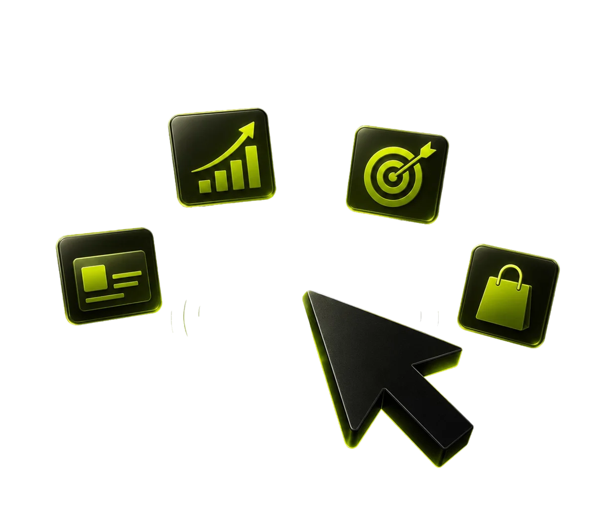 A dimensional cursor and lime advertising icons from the PPC4.biz homepage
